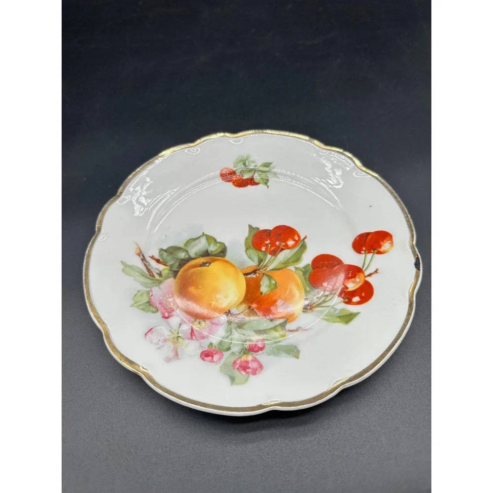 Antique German Porcelain Fruit Plate Hand Painted Gilded Edge Floral‎ Cherry